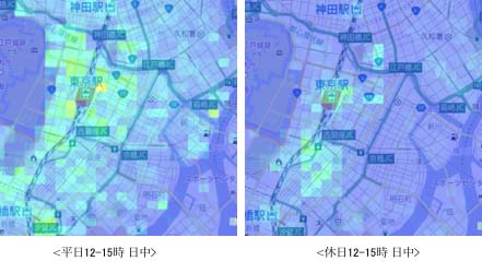 東京駅周辺の平日と休日の昼間人口（12時〜15時）の比較